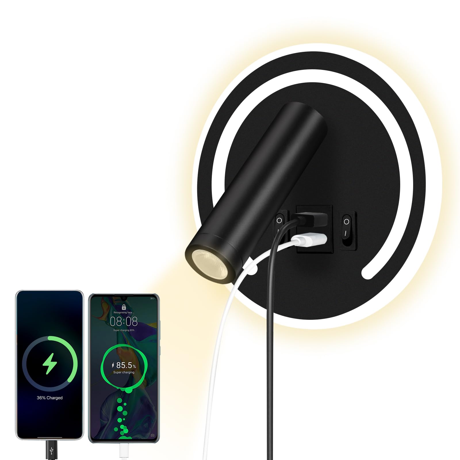HUIZHOU applique liseuse 3W + 9w LED lampe de lecture, port de charge USB, lampe de chevet rotative 3000k pour chambre à coucher, escalier, couloir, Bureau (Rond noir)