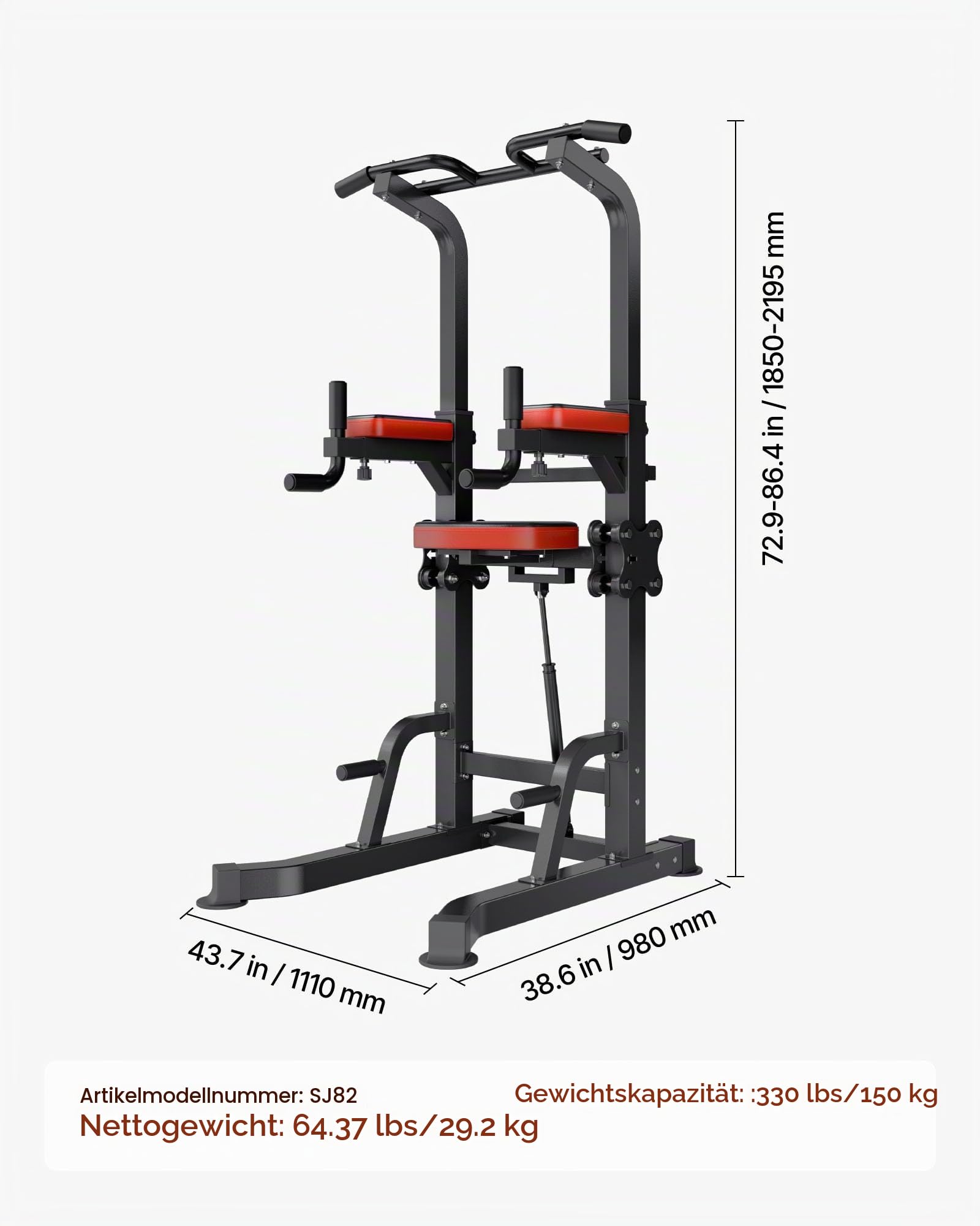 VEVOR Klimmzugstange Klimmzugstation Power Dip Station mit 150 kg Tragkraft & H-Rahmenkonstruktion stabilem Sockel & Unterstützungsplattform, 9-fach höhenverstellbar, Training von Armen Rücken