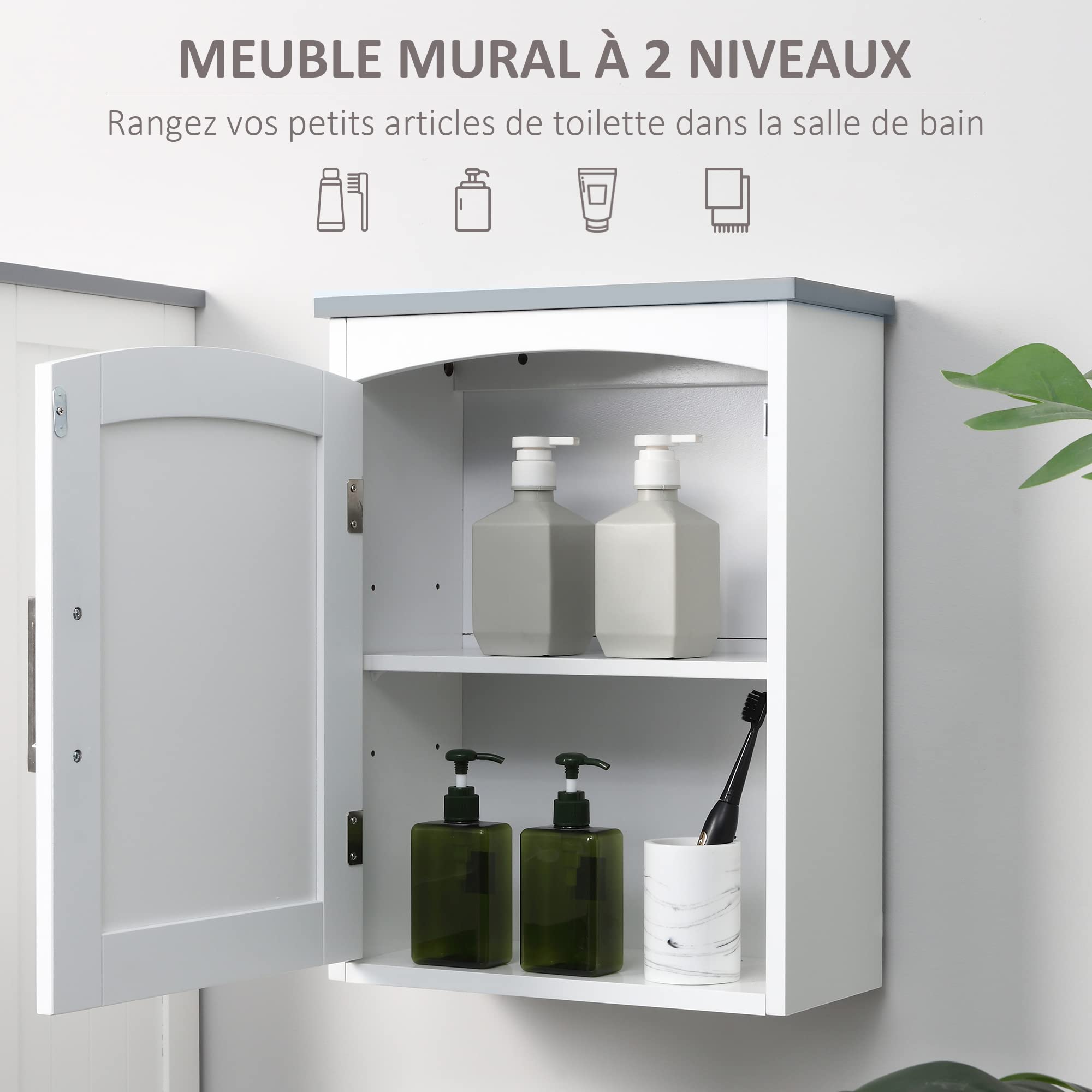 kleankin Meuble WC Suspendu Armoire à Pharmacie Murale Armoire Salle de Bain Rangement avec Porte et étagère réglable - 41 x 18,5 x 52 cm - MDF - Blanc
