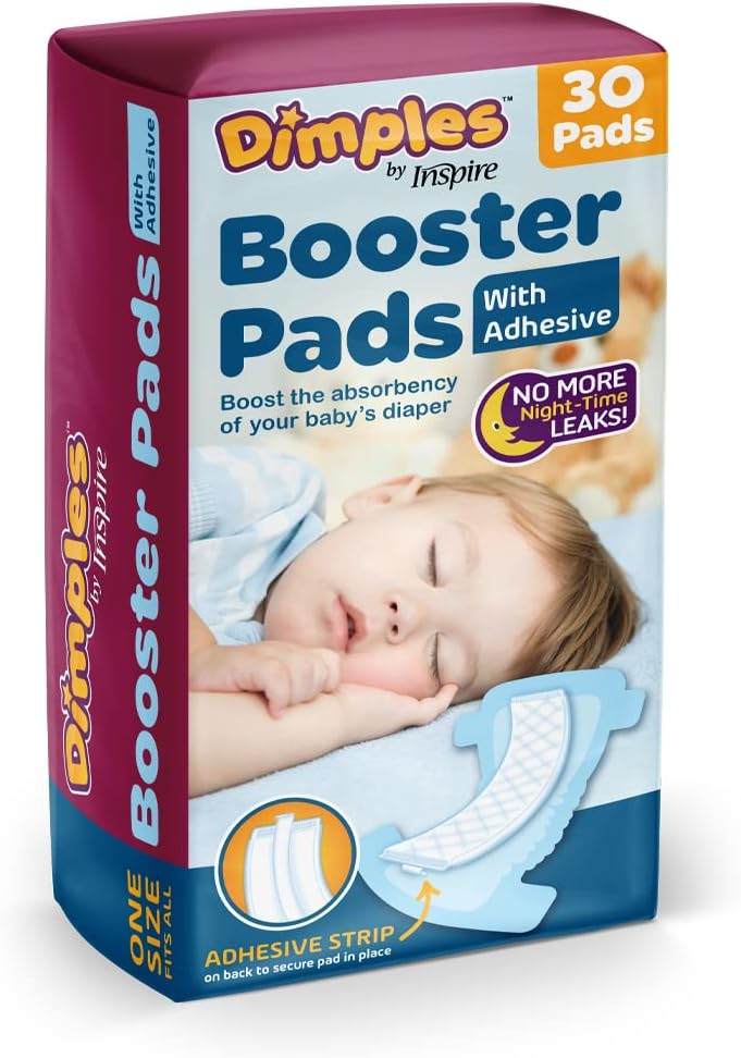 Inspire Dimples Booster Pads, Baby Diaper Doubler with Adhesive - Boosts Diaper Absorbency - No More leaks 30 Count (with Adhesive for Secure Fit) (30 Count)