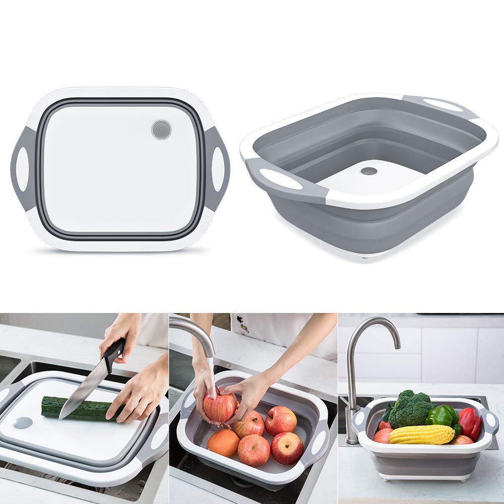 Collapsible Chop and Strain Cutting Board, Mixing Bowl, Colander, Ice Bucket, Fruit and Vegetable Container Basket, Strainer with Draining Plug Multifunctional Kitchen Gadget for Indoor and Outdoor