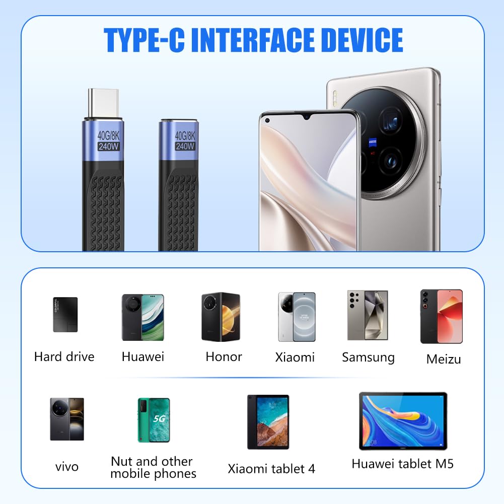 OFFCUP Kabel USB C Court, 2 szt. 240 W Typ C Mâle Vers Mâle/Femelle 40 Gbps Kabel do szybkiego przesyłu danych Souple FPC Mini-USB do telefonu Przenośny smartfon Tablet Appareil