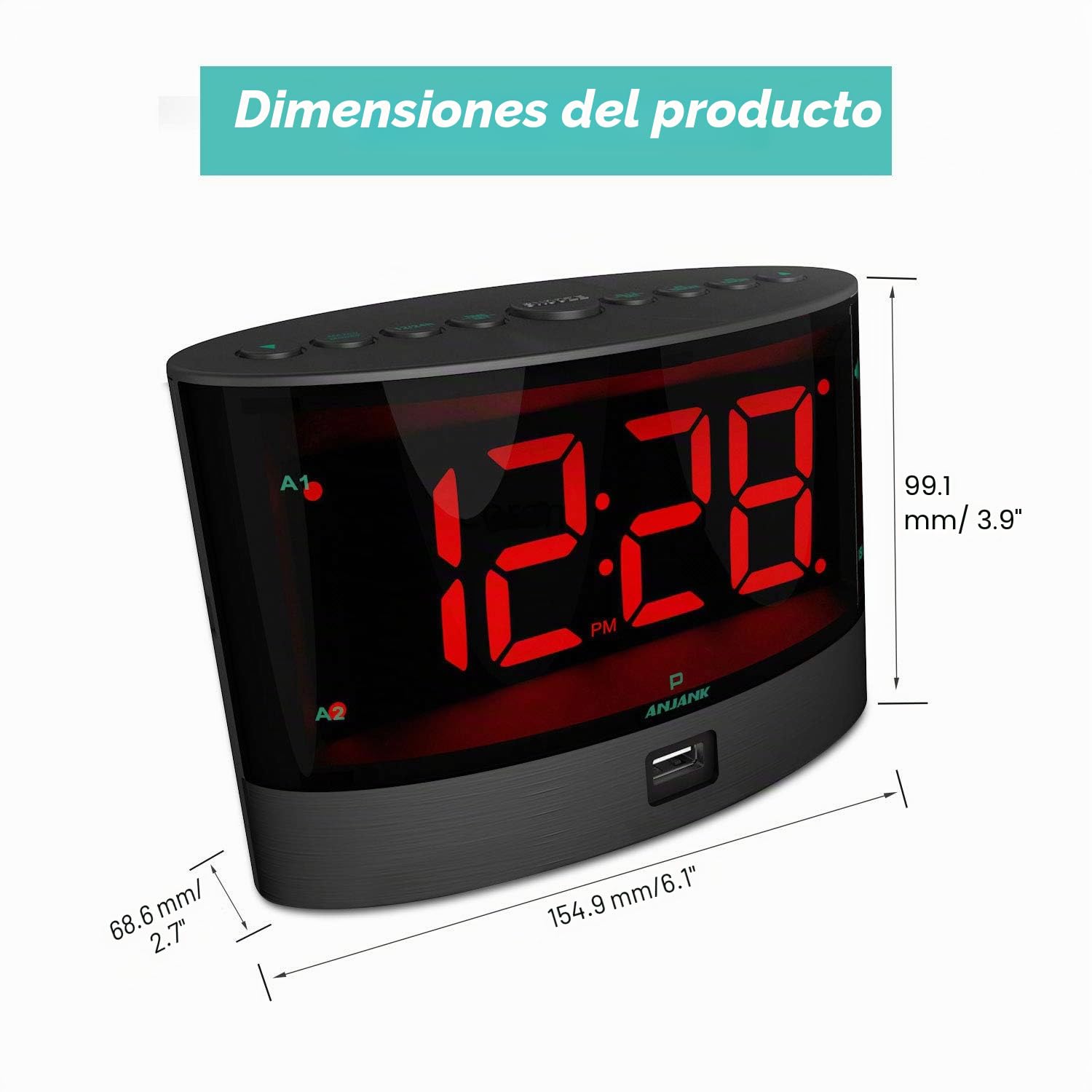 ANJANK Despertador Muy Fuerte con Vibración Inalámbrica, Doble Alarma para Dormilones Pesados, Sordos y con Problemas de Audición, Volumen Ajustable/Dimmer/Despertar Modo, Puerto de Carga USB