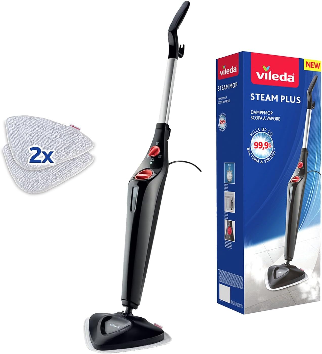 Vileda Steam Plus Dampfreiniger, hygienische Bodenreinigung, entfernt bis zu 99,9% der Bakterien und Viren*, für alle Böden, ideal für Teppiche