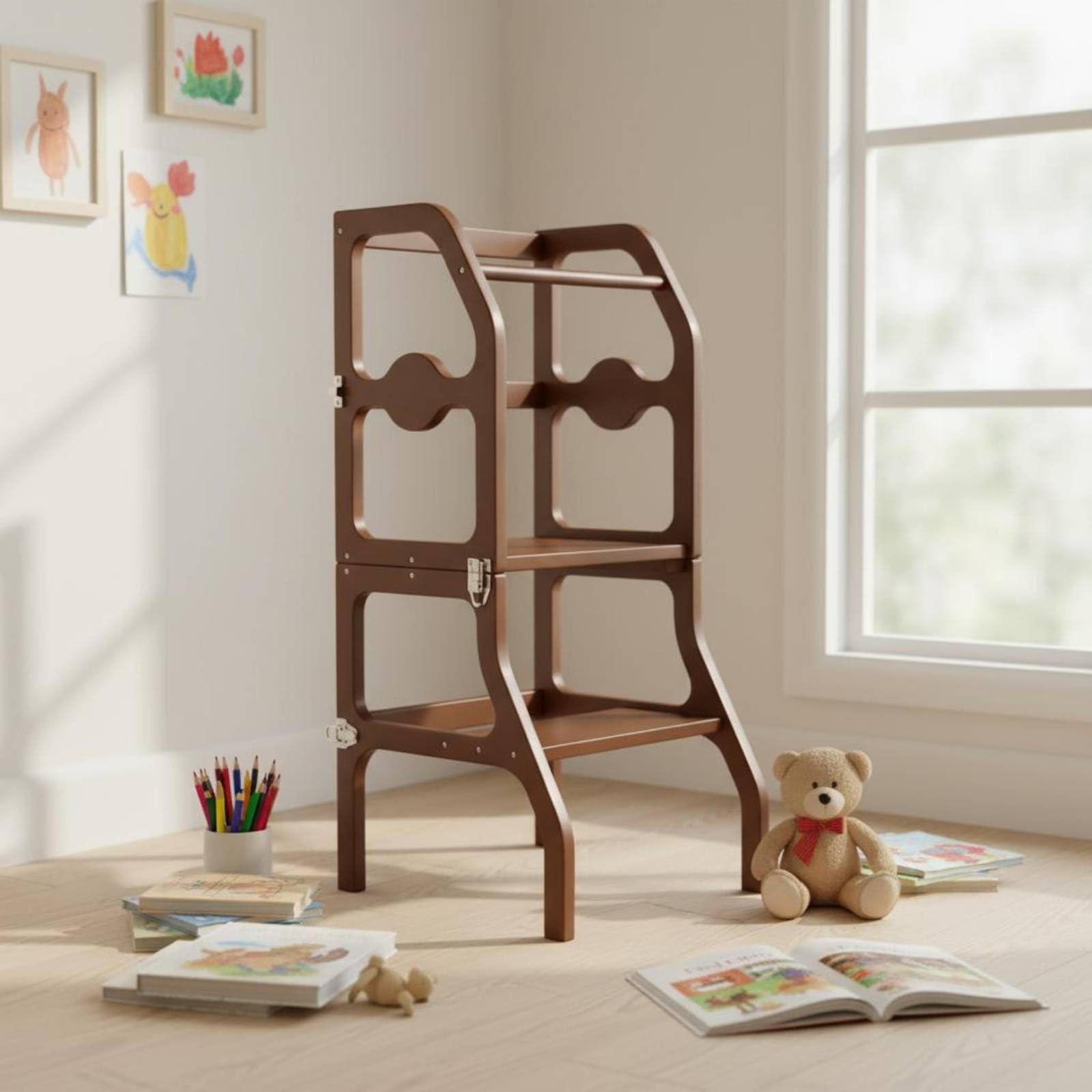 Kinder Lernturm Faltbarer Tritthocker Kinderstuhl Holz Lernhocker mit Klappfunktion Platzsparend Stabil für Alltägliche Aufgaben Am Waschbecken für Küche Badezimmer Heimgebrauch, Naturholz