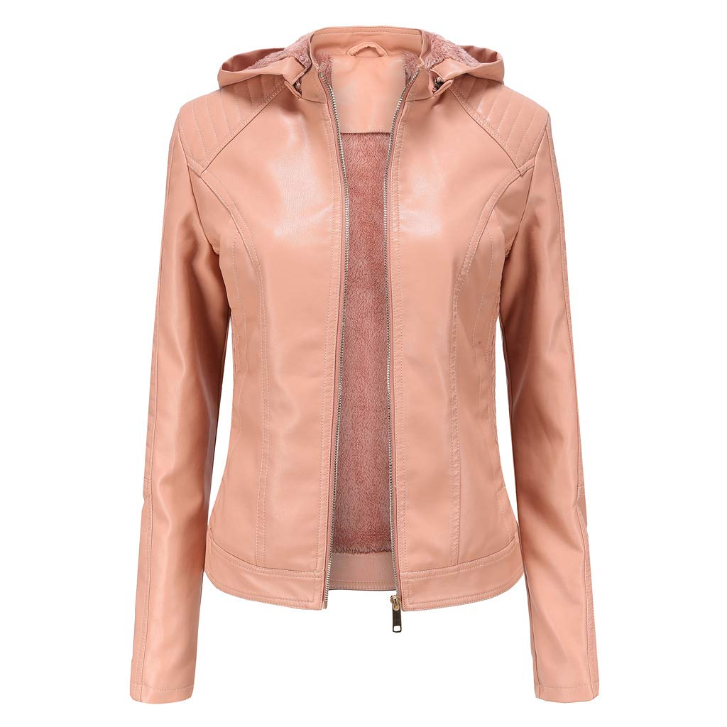 DISSA Damen Kunstleder Kapuzenjacke Kurzer Reißverschluss | Gesteppte Schultern, Fleece-Futter, RV-Bündchen, Seitentaschen. Winterjacke, Basic-Oberbekleidung