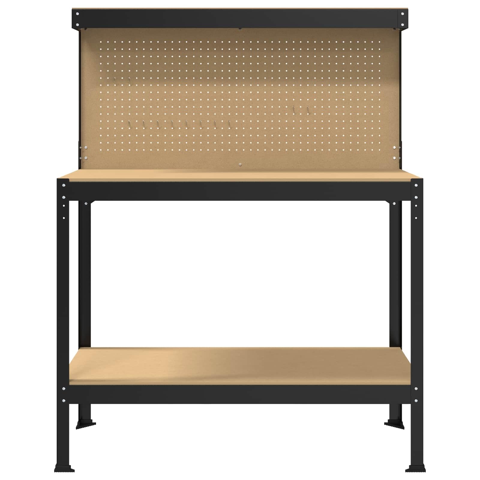 Banco de trabajo negro de madera contrachapada y metal, 114 x 54 x 145 cm, con cajón y pared perforada, almacenamiento práctico para taller, garaje, sala de ocio, superficie de trabajo