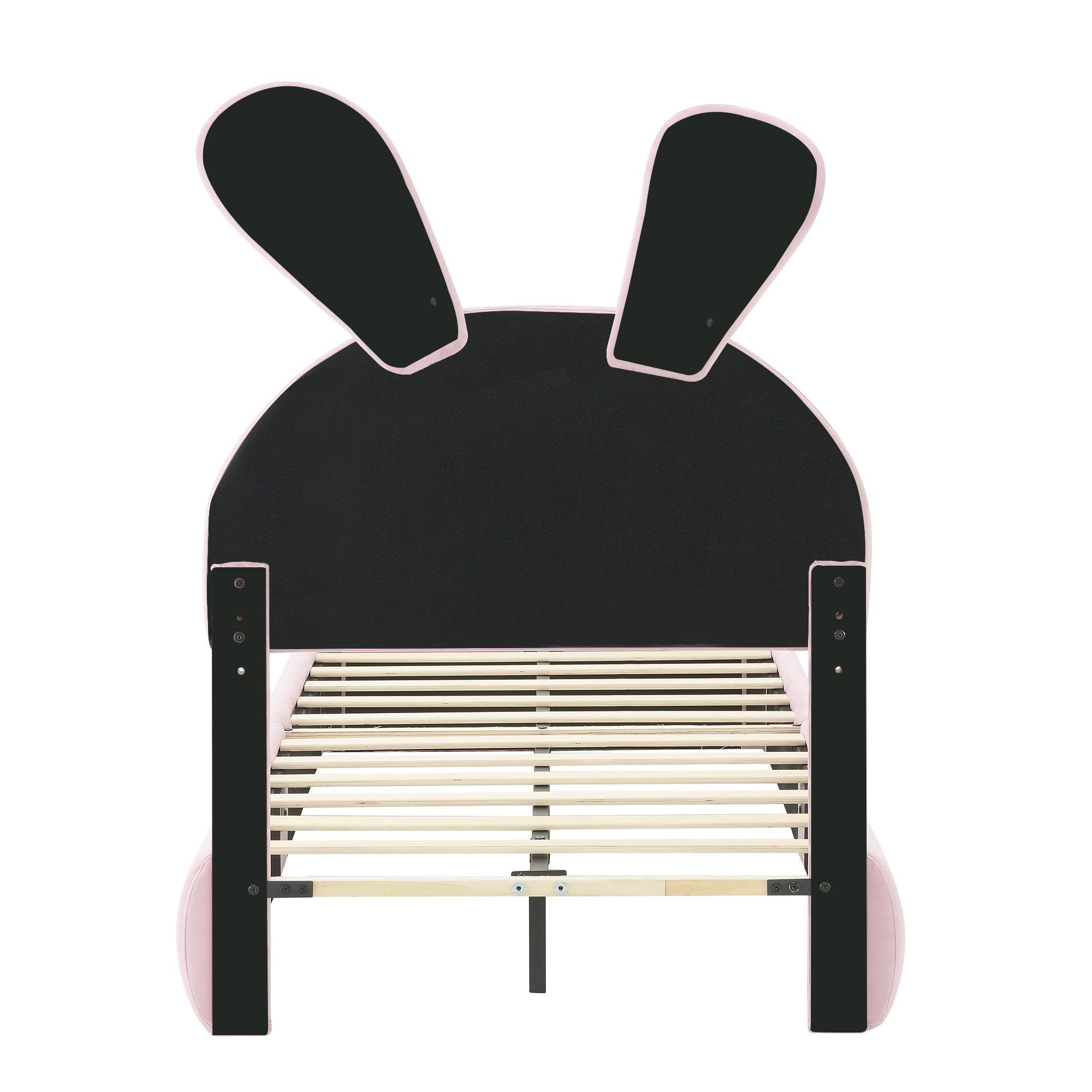 Letto Imbottito per Bambini 90 * 200cm con Due Sgabelli Contenitore, Orecchie di Coniglio con Luce LED, Lettos Singolo con Doghe in Legno, Velluto, Rosa