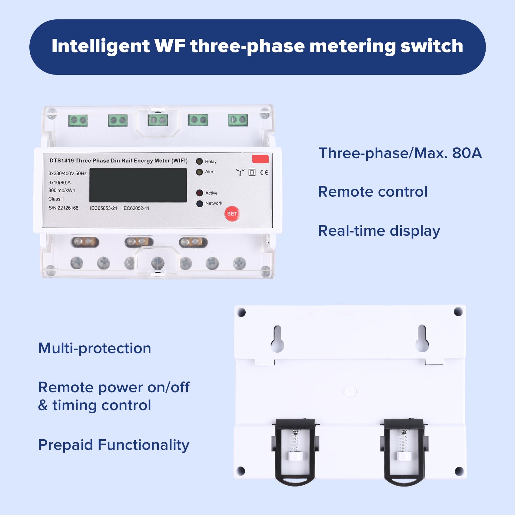 Medidor de Electricidad Inteligente con Wifi, Prepago, Remoto, Multifuncional, Trifásico, Tipo Riel, para el Hogar.