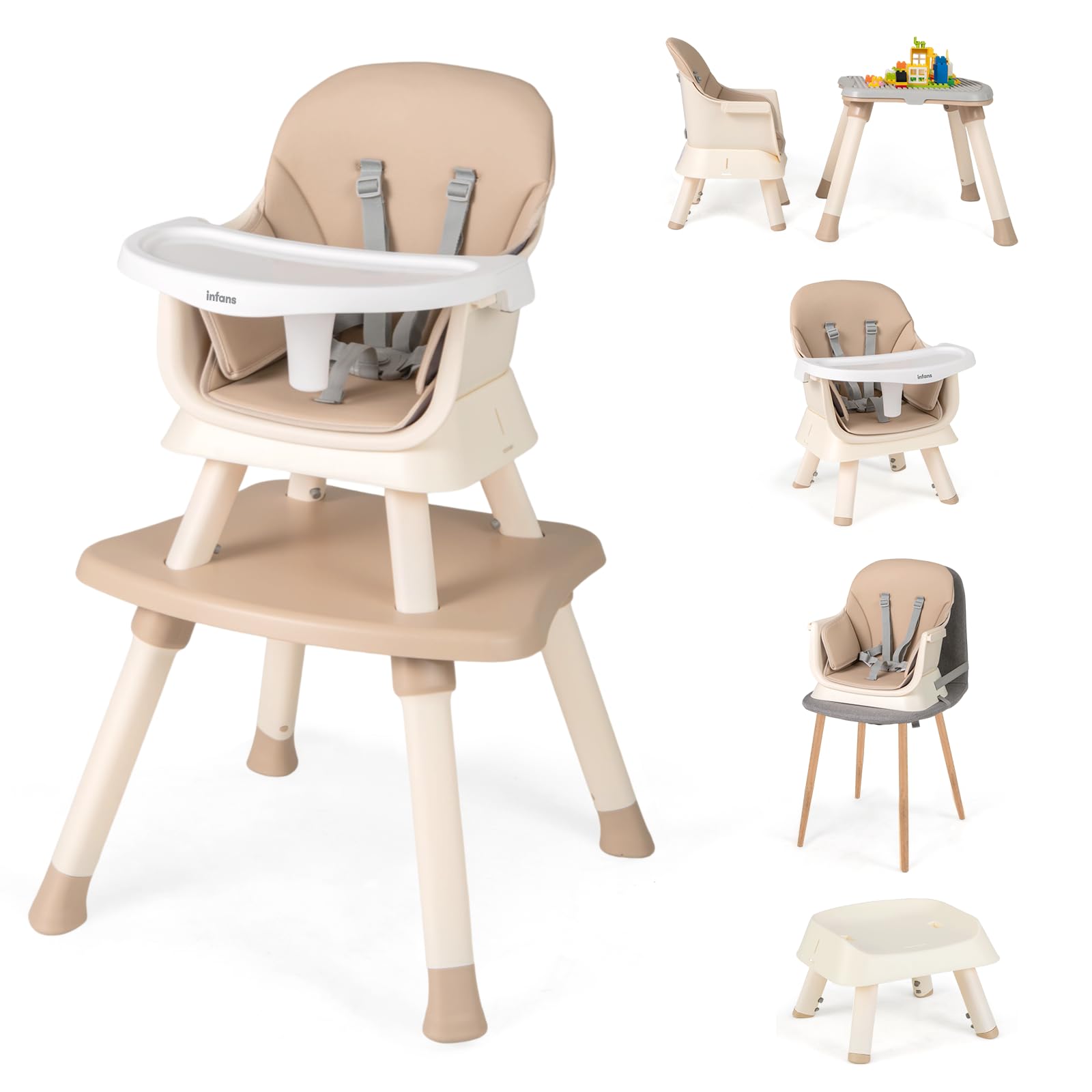 INFANS 8 in 1 Baby High Chair, Convertible Highchair for Babies and Toddlers, Infant Dining Booster Seat, Building Block Table, Kids Stool Table Chair Set with Removable Tray (Light Brown)