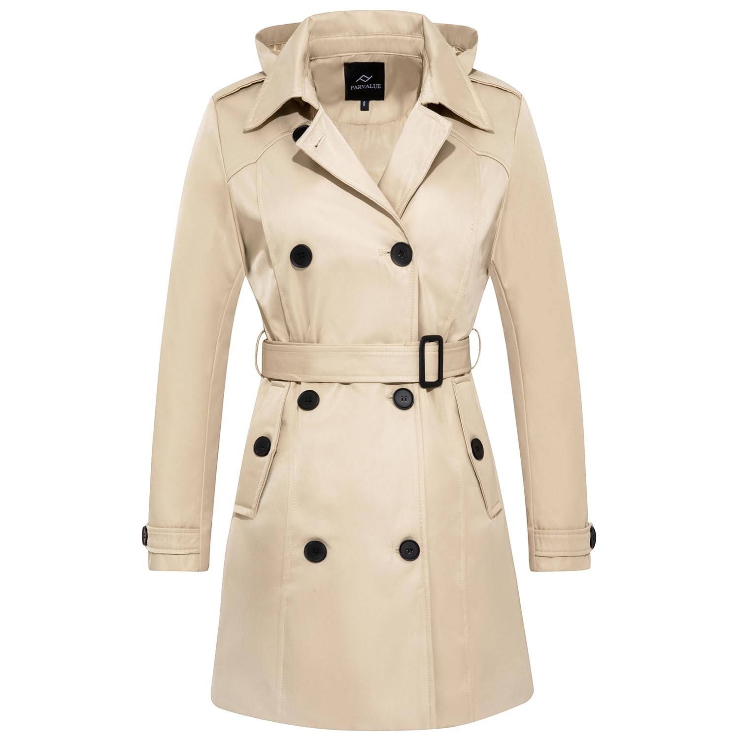 farvalue Women's Waterproof Trench Coat Double Breasted Windbreaker Classic Belted Lapel Overcoat with Removable Hood-picture-38