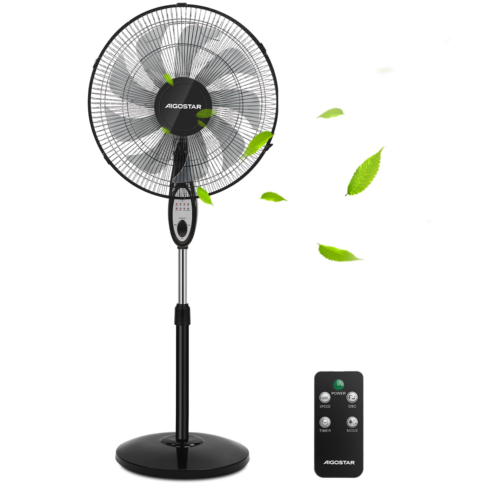 Aigostar Ventilador de Pie Silencioso, 9 Aspas, Mando a Distancia, 3 Velocidades, 3 Modos, Temporizador 7,5 Horas, Oscilante 80º, Ventilador de Altura Ajustable, Base Antideslizante, 35 m2, 55 W, Carr
