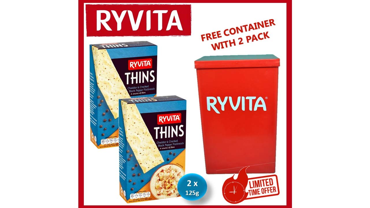 Ryvita Thins Cheese & Cracked Black Pepper with Container (Pack of 2,125g)