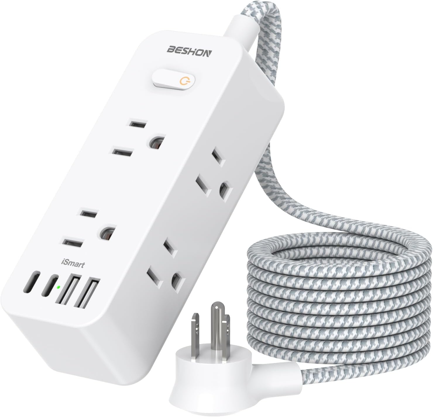 Power Strip Surge Protector, BESHON 5Ft Extension Cord, 6 Outlets with 4 USB Ports (2 USB C Outlet), 3-Side Outlet Extender, Wall Mount, Compact for Travel, Home, School, College Dorm Room and Office Power Strip Surge Protector, BESHON 5Ft Extension Cord, 6 Outlets with 4 USB Ports (2 USB C Outlet), 3-Side Outlet Extender, Wall Mount, Compact for Travel, Home, School, College Dorm Room and Office