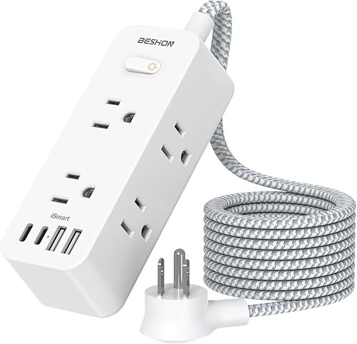 Power Strip Surge Protector, BESHON 5Ft Extension Cord, 6 Outlets with 4 USB Ports (2 USB C Outlet), 3-Side Outlet Extender, Wall Mount, Compact for Travel, Home, College Dorm Room and Office