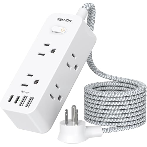 Power Strip Surge Protector, BESHON 5Ft Extension Cord, 6 Outlets with 4 USB Ports (2 USB C Outlet), 3-Side Outlet Extender, Wall Mount, Compact for Travel, Home, College Dorm Room and Office