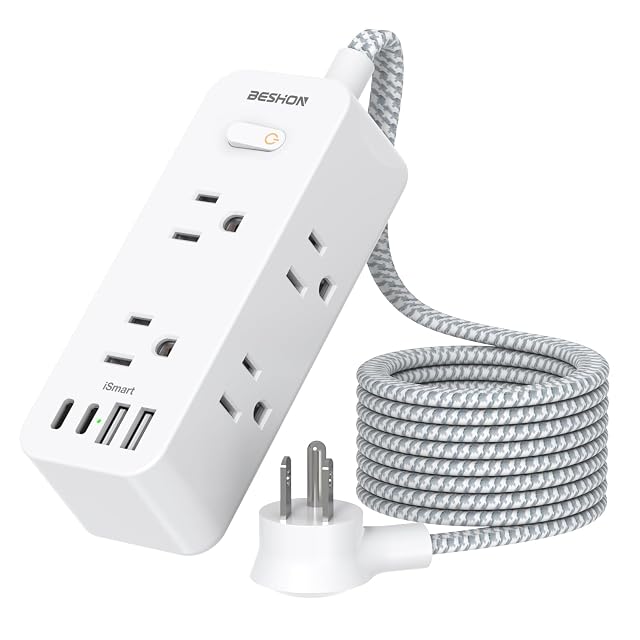 Power Strip Surge Protector BESHON 5Ft Extension Cord 6 Outlets with 4 USB Ports 2 USB C Outlet