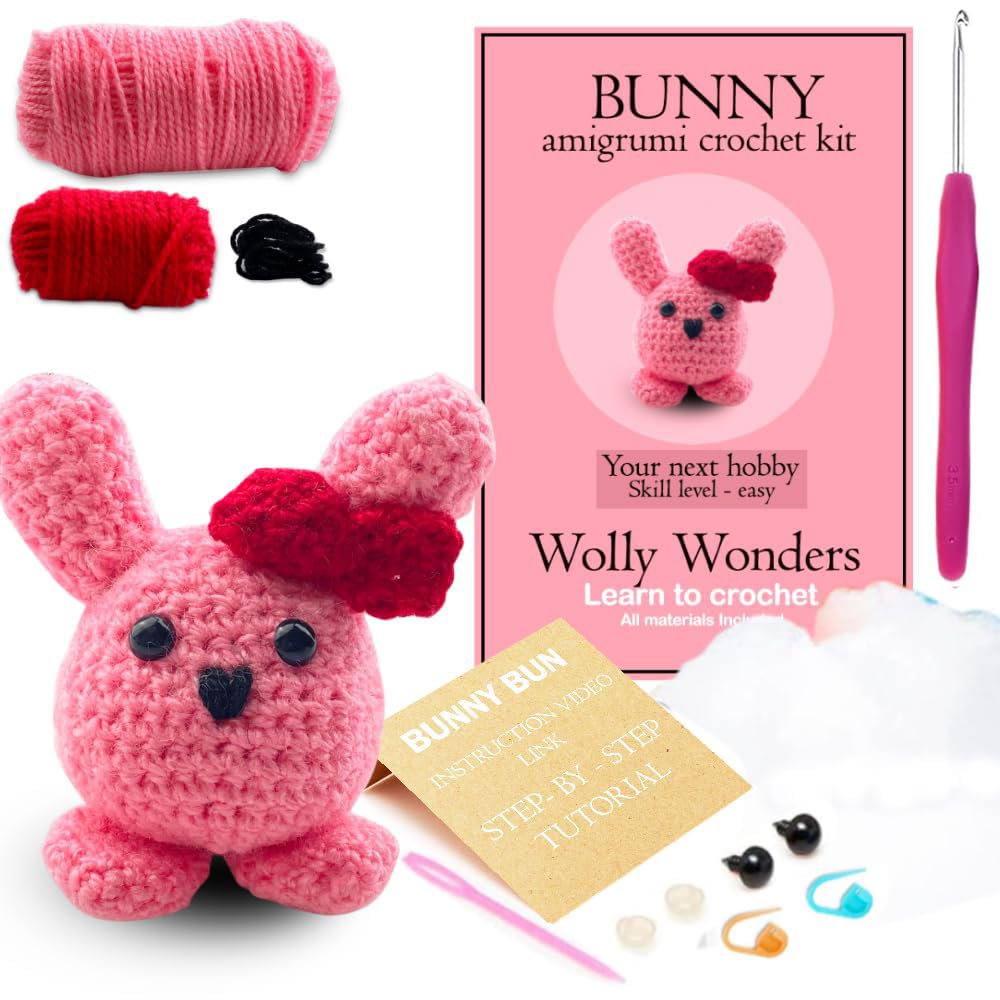 Wolly Wonders Beginners Diy Crochet Amigurmi Kit With Crochet Yarn And Needle Set For Kids, Adults, Women With Step-By-Step Video Tutorials- (Bunny), Pink
