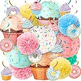 36 Pcs Donut Cupcake Party Hanging Paper Lanterns Donut Cupcake Hanging Swirls Paper Flowers Pom Poms Sprinkle Party Decorations for Kids Girls Birthday Party Baby Shower Sweet Candy Party Supplies
