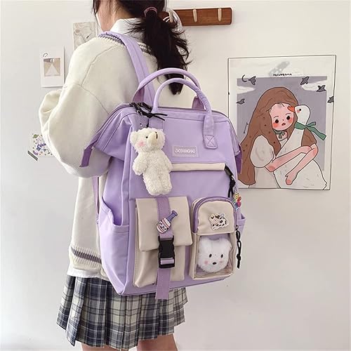 Miniatura 7 de Mochila Kawaii de gran capacidad con pin Kawaii y accesorios, bonita mochila estética para adolescentes y niñas, mochilas para la escuela, Púrpura,