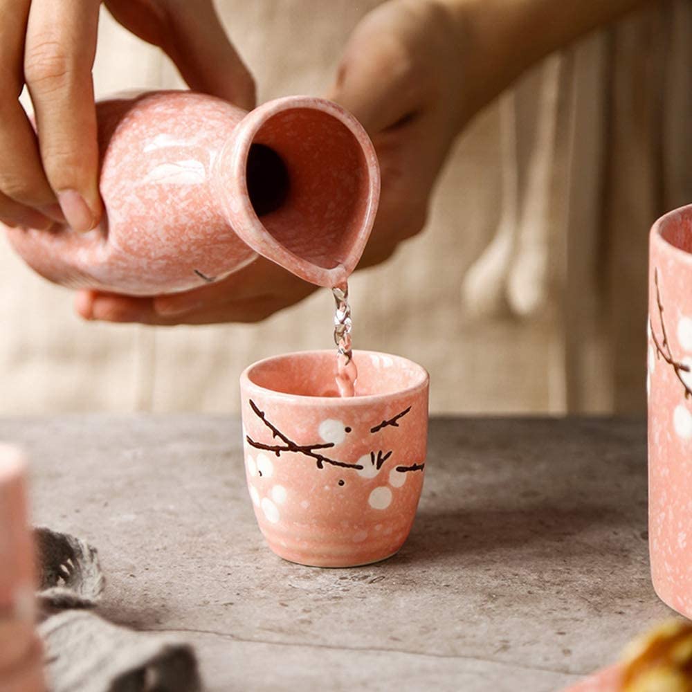 RWRAPS Ensemble de Tasses à saké japonaises en poterie, peintes à la Main, en Porcelaine, en céramique, Verres à vin, Blanc + Prune Bleue (Rose + Prune Blanche)