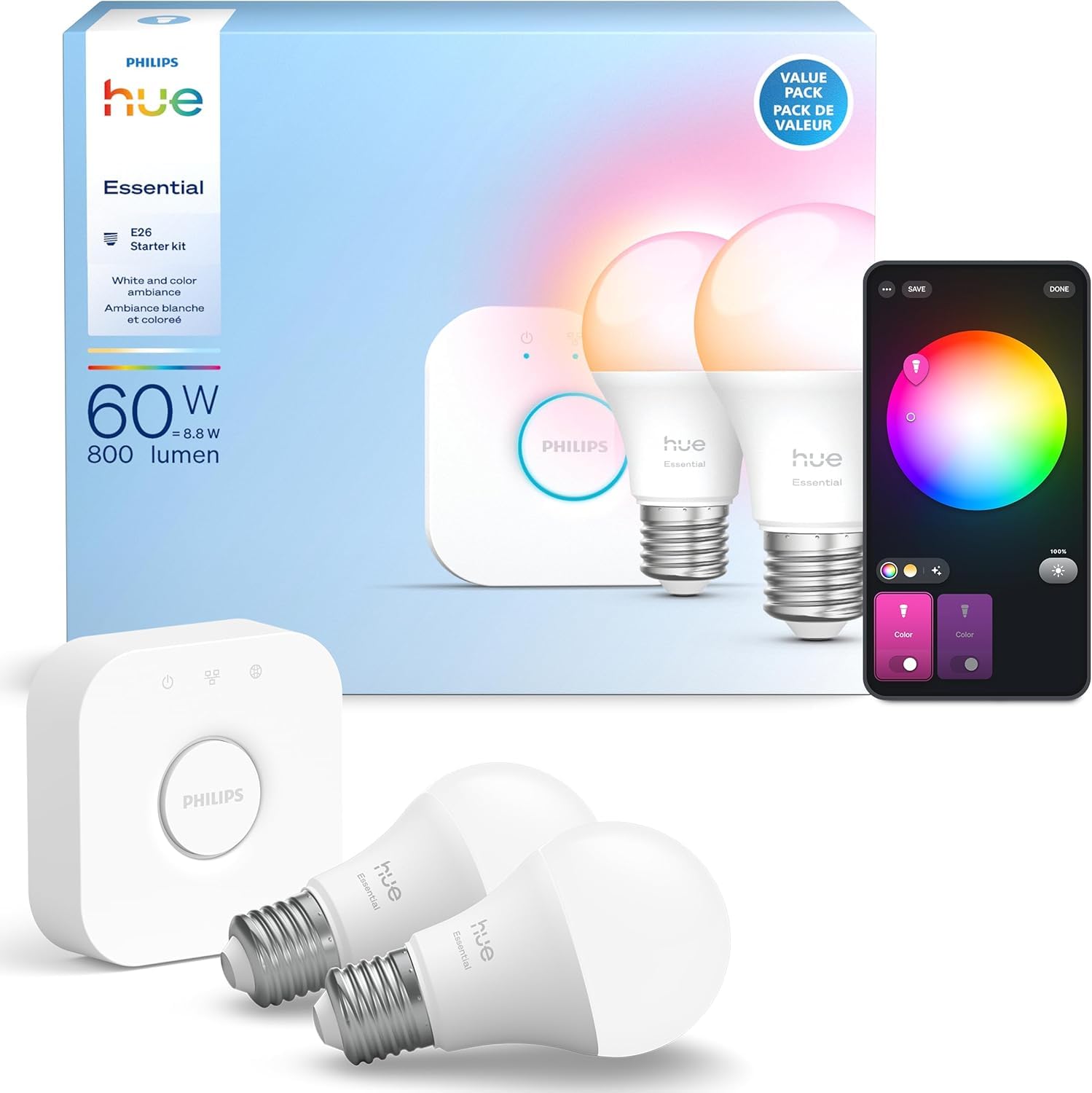 PHILIPS Hue Essential Starter Kit: Hue Bridge, 2 Essential E26