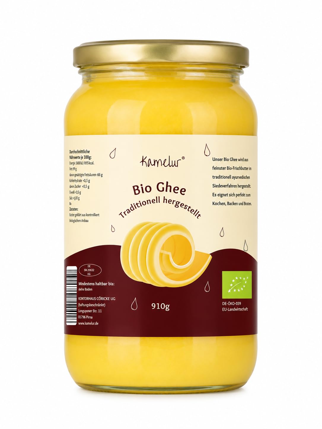 Kamelur Bio Ghee (910g) Bio Butter Ghee aus Deutscher Butter für die Ayurveda Küche