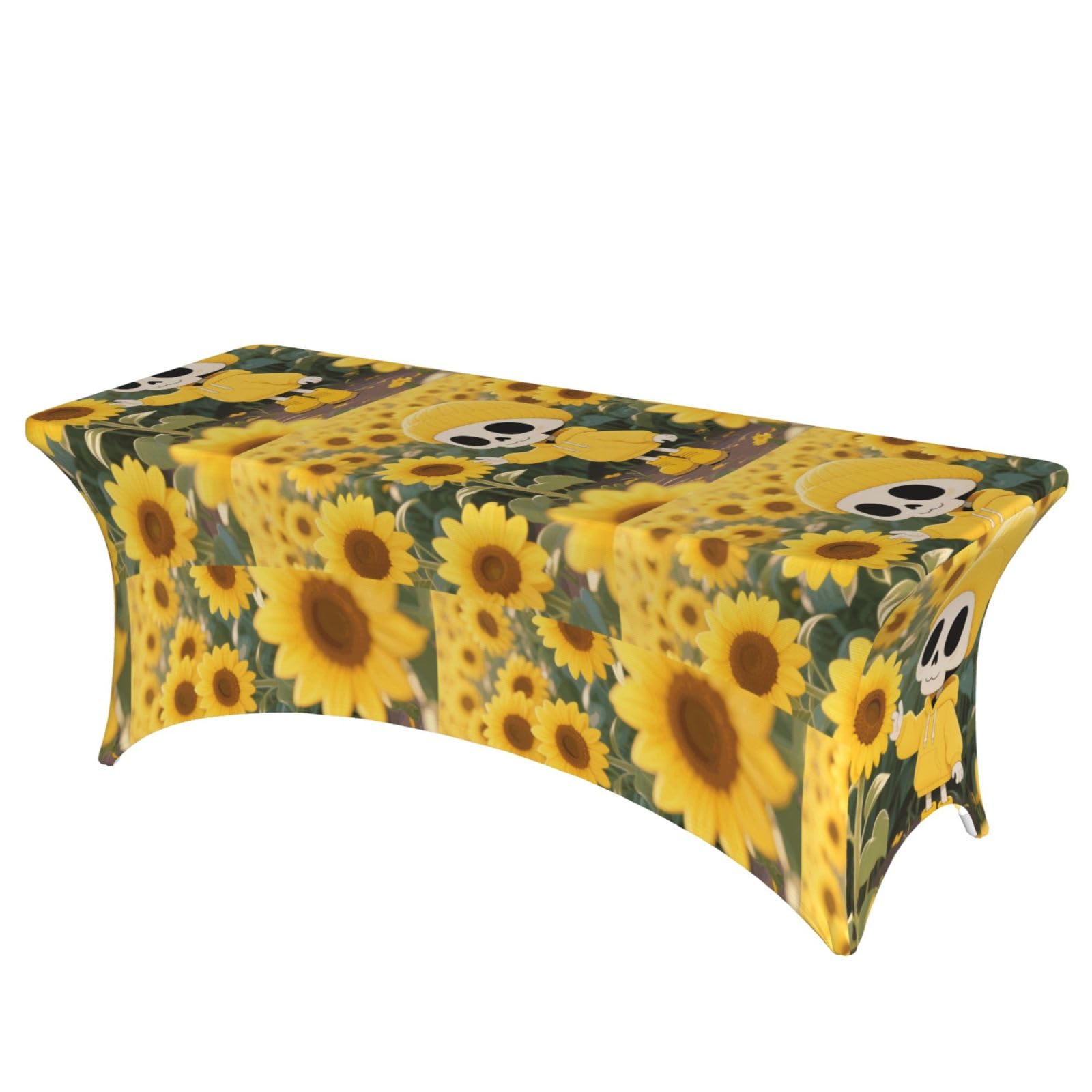 LMNGH Skeleton Sunflower Decorative Tablecloth Protector for Wedding, Banquet & Parties6FT Spandex Rectangle Tablecloths, Stretch Washable Table Cloth Wrinkle Free Patio Table Cover