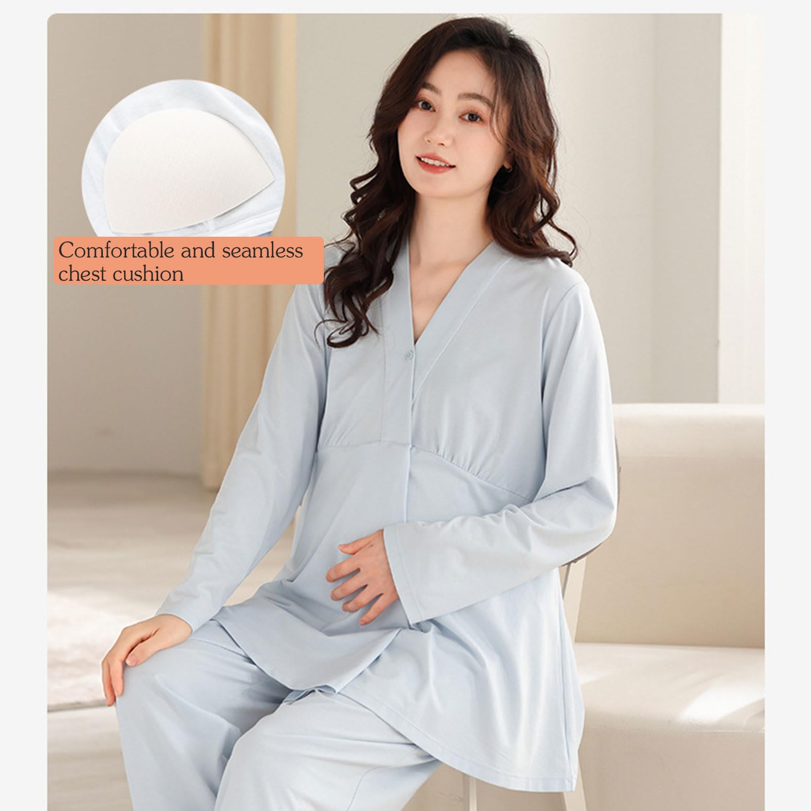 Set pigiama da 2 pezzi per donne incinte, imbottitura di supporto per il seno, vestibilità elasticizzata, biancheria da notte premaman con pantaloni, pigiama per allattamento, imbottitura