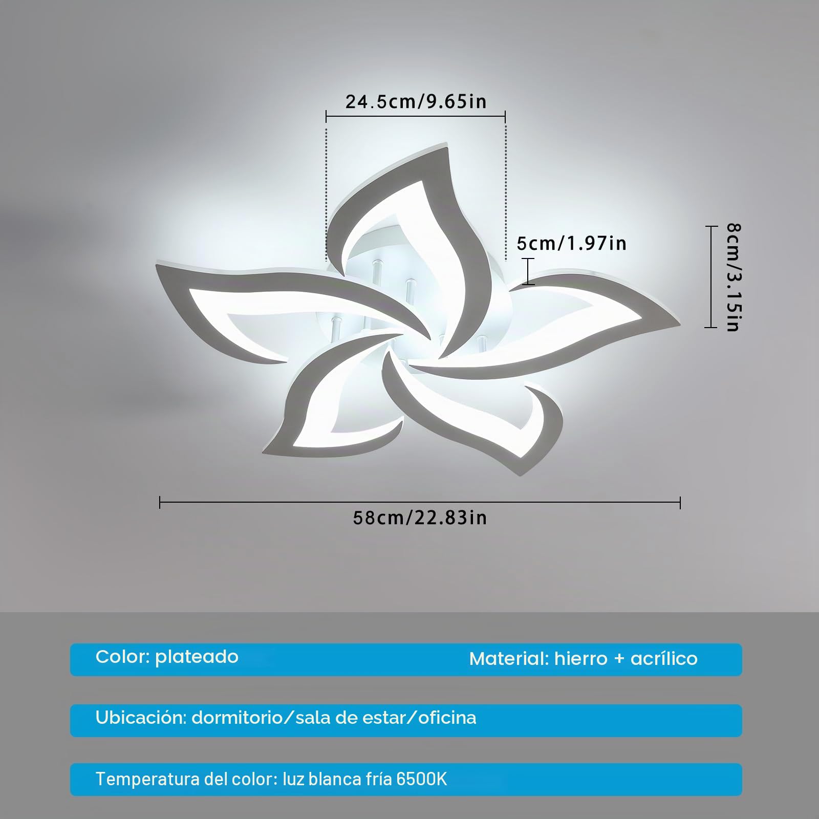Moderna Lámpara de Techo, 60W Plafon Led Techo | Blanco frío 6500K, Luz de Techo Plata Diseño Forma de Flor Para Salon Dormitorio Comedor Cocina, 58cm