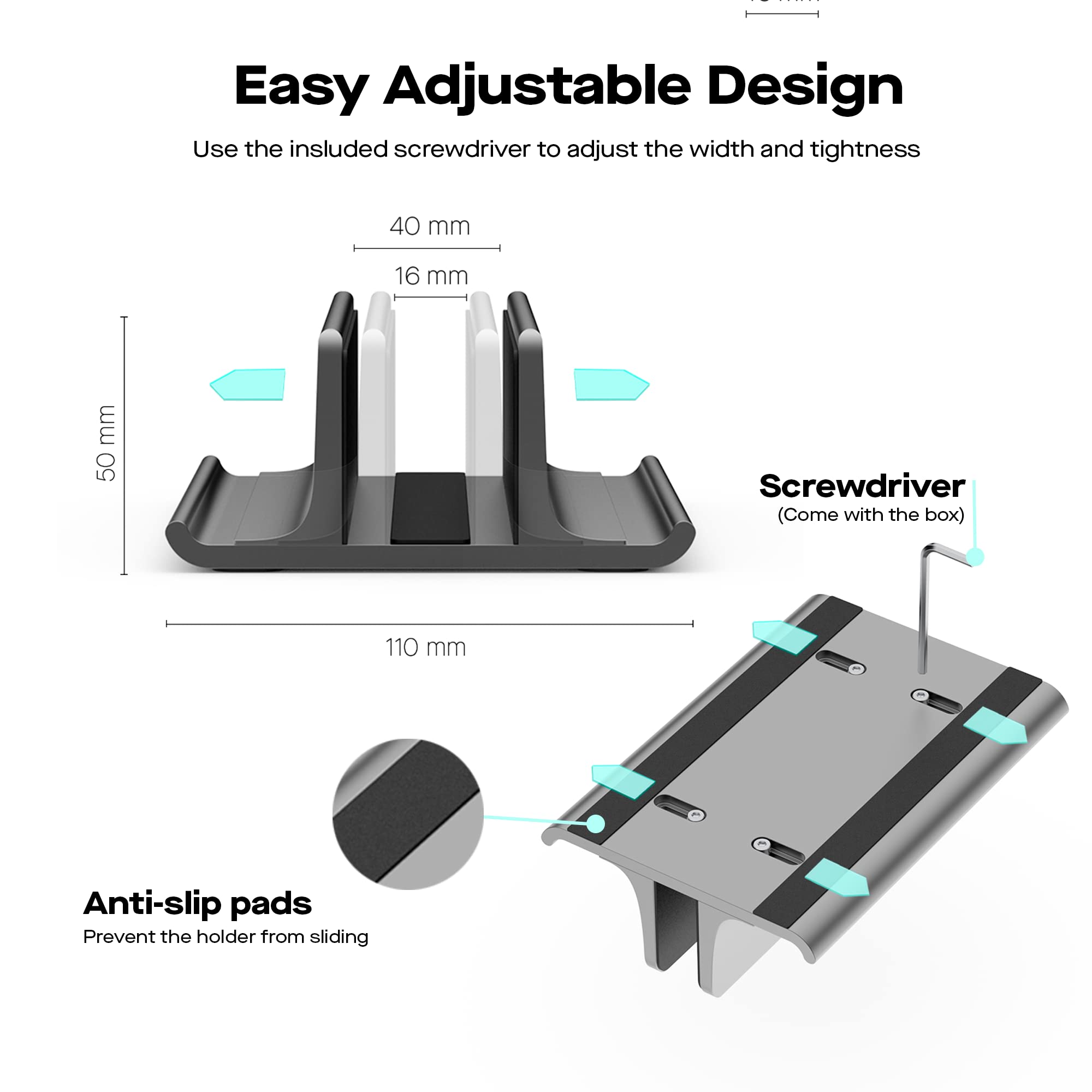 MP Mobile Pixels - Supporto verticale per laptop 3 in 1, supporto regolabile in alluminio da tavolo per smartphone, tablet, laptop, libri (nero)