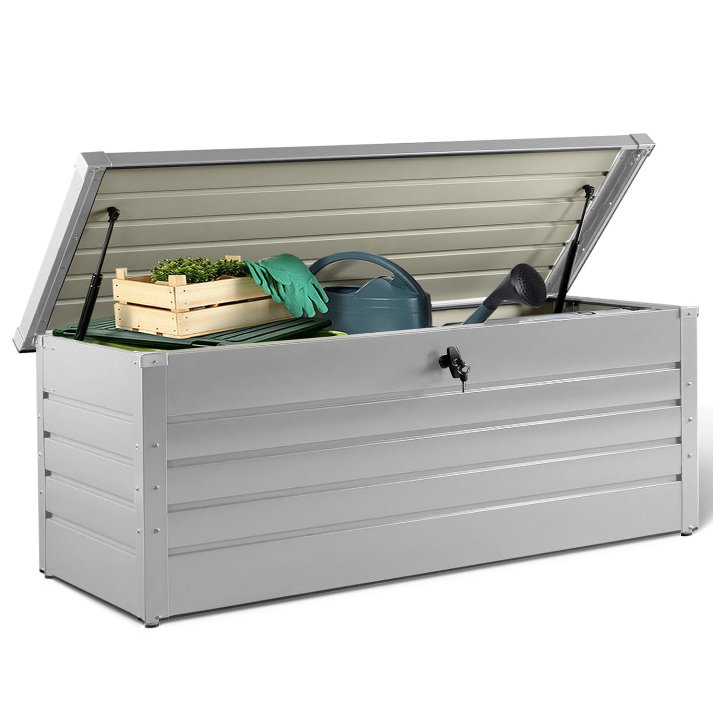 IDMarket - Baúl de almacenamiento de metal con cerradura para jardín, 600 L, 165 x 70 x 63 cm, color gris claro