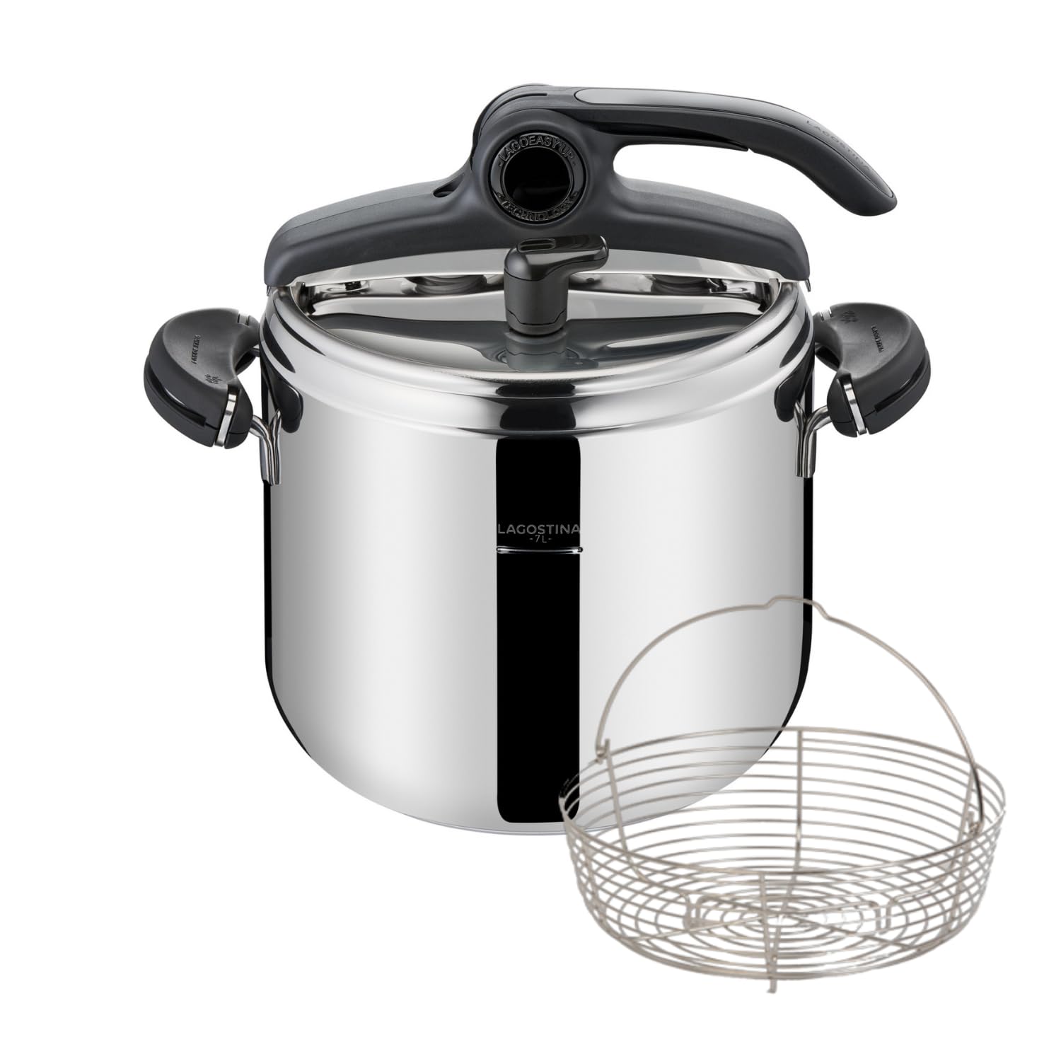 Lagostina Leggera, Pentola a Pressione 7 L in Acciaio Inox, Maniglie a Clip e Cestello Incluso, con Tecnologia Lagoeasy'up® e Fondo Irradial, Compatibile con Induzione
