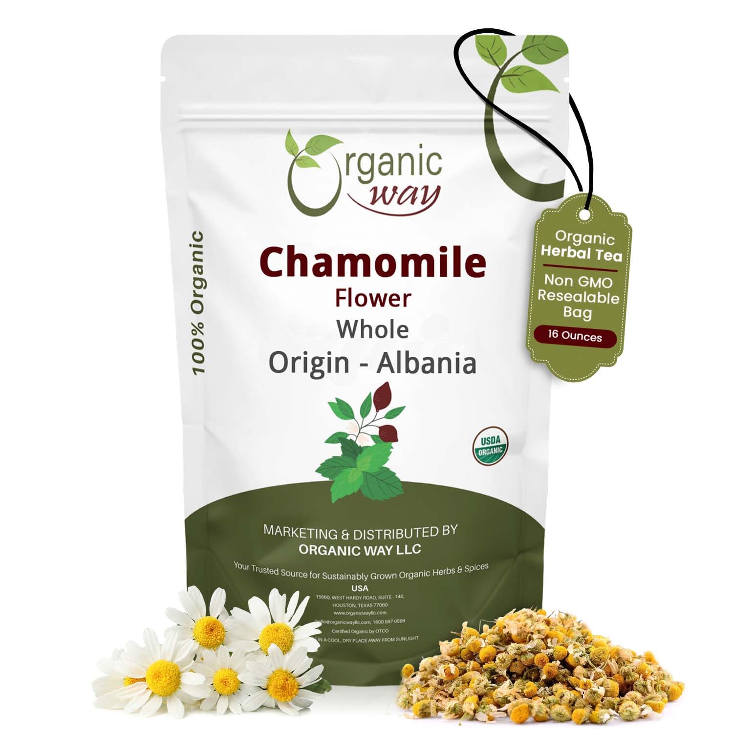 Organic Way Chamomile Flower Whole (Matricaria chamomilla) - Herbal Tea | European Wild-Harvest | Kosher & USDA Certified | Vegan, Non-GMO & Gluten Free | 100% Raw from Albania (1LBS / 16Oz.)