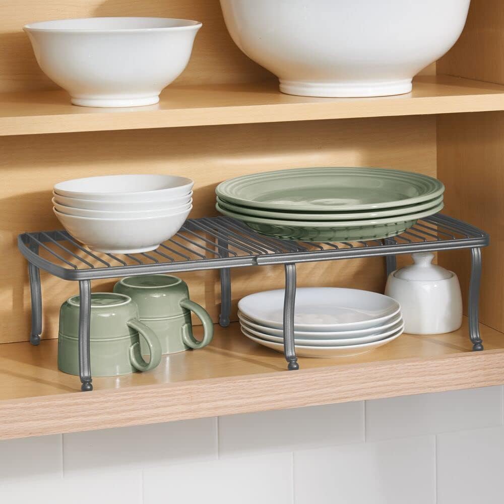 mDesign Expandable Wire Metal Kitchen Cabinet Shelf Rack - Adjustable Pantry, Countertop, Cupboard Shelf Organizer - Dish and Plate Storage Space-Saver, Hyde Collection, 2 Pieces, Graphite Gray