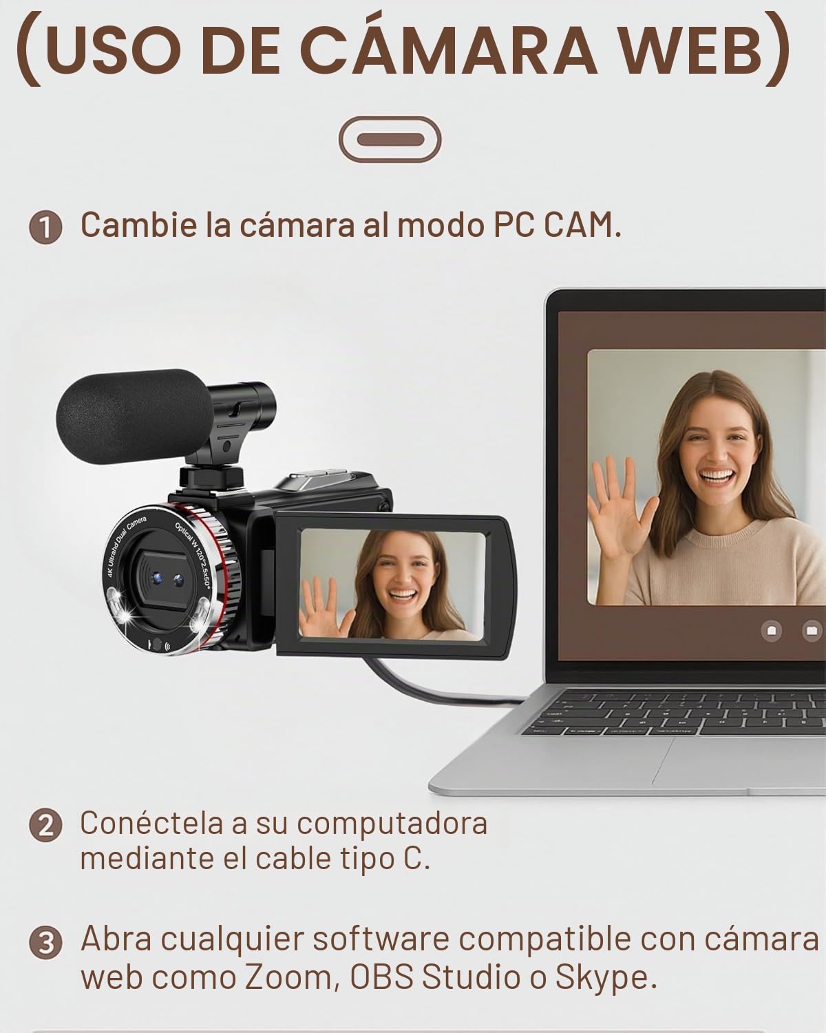 Cámara de Vídeo 4K 48MP, Videocámara con Zoom Digital 21X, Cámara de Vlogging con Pantalla de 3.0'' 270°, Cámara Vídeo con Luz de Relleno LED con 2 Baterías, Micrófono, Cable HDMI, Tarjeta de 32 GB