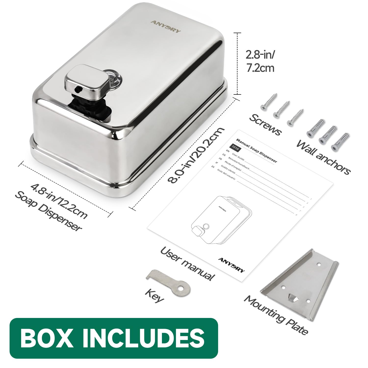 anydry Dispenser di sapone manuale in acciaio inox, grande, 1100 ml, montaggio a parete, con finitura lucida, modello 1010