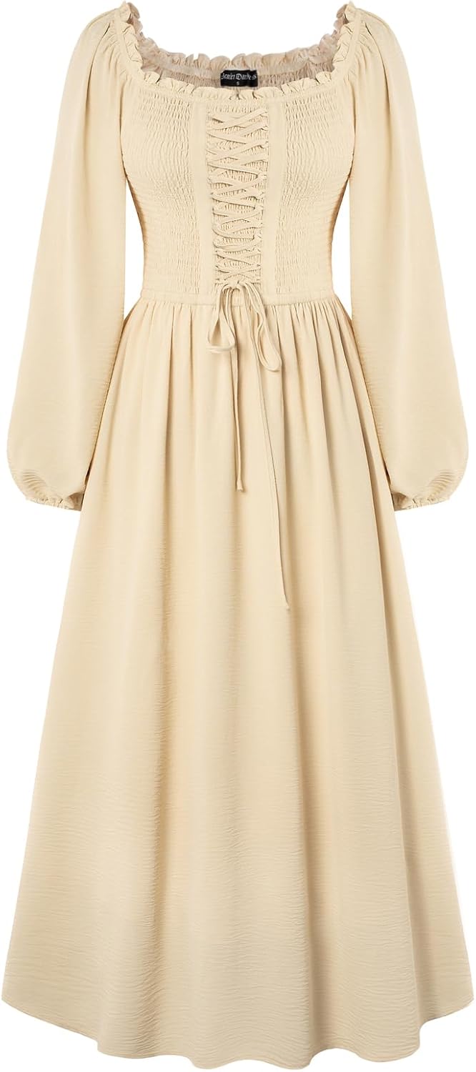 Scarlet Darkness Renaissance Dress Women Long Sleeve Cottagecore Smoked Dress with Pockets