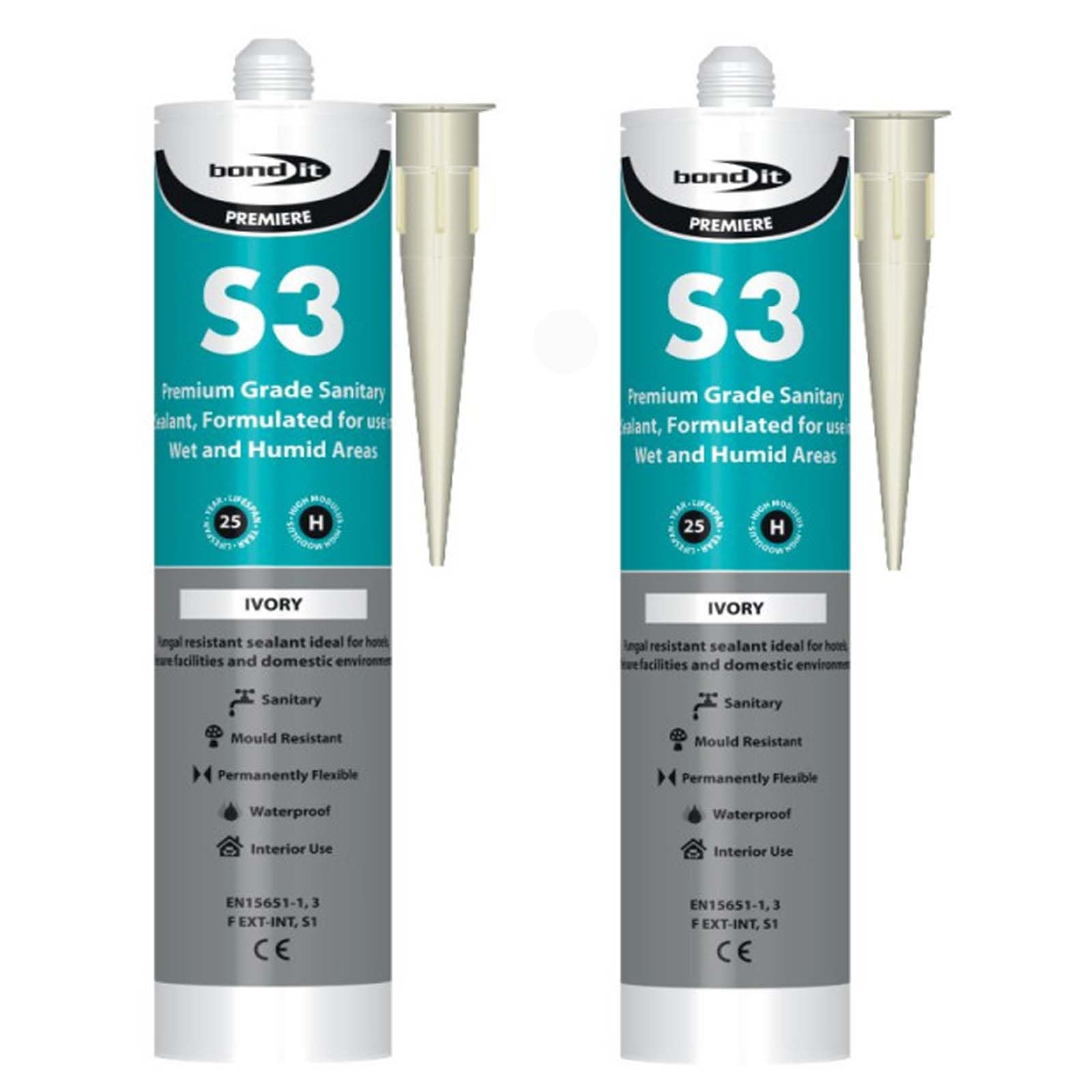 Bond-it 310ml S3 Grade Sanitary Silicone Sealant High Performance Bathroom Bath Kitchen Sink Shower Anti Mould Window Fungal Resistant Premium EU3 (Ivory, 2)