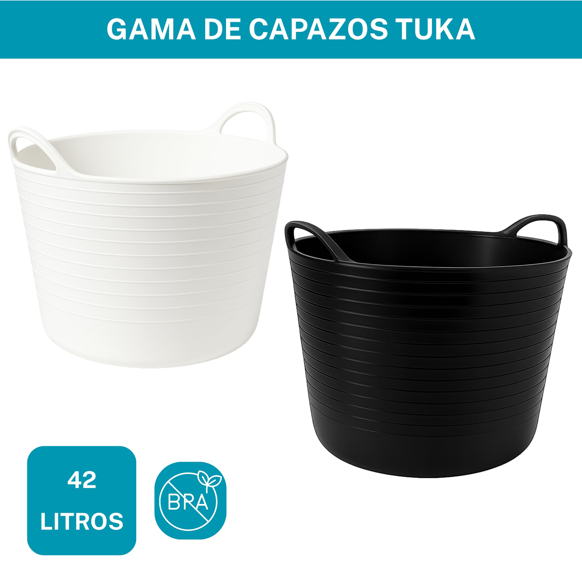TUKA Pack de 2 Capazos de Plástico 42L Negro Profesional Resistente Multiusos