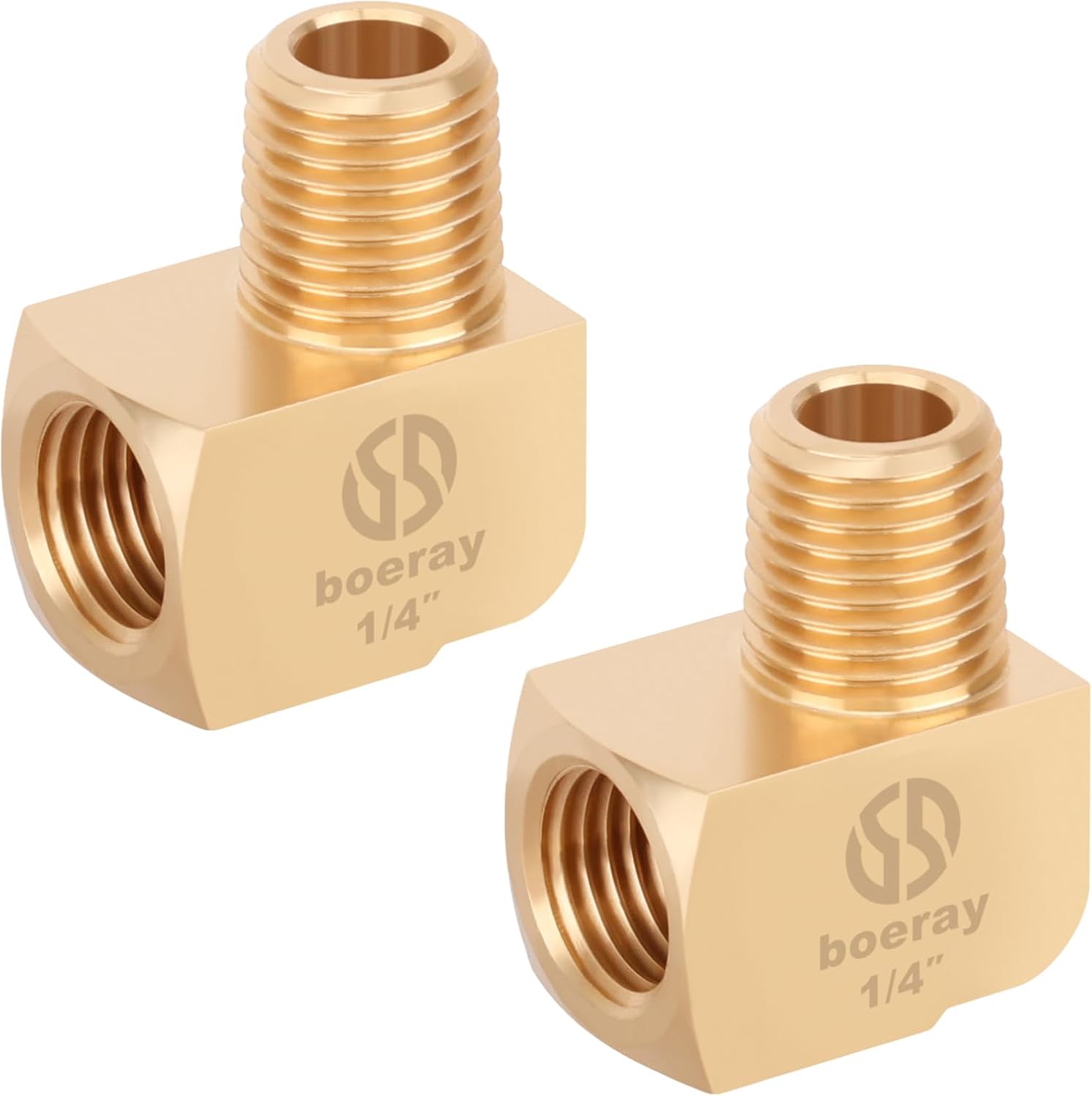 BOERAY 2pcs 1/4" NPT Brass 90 Degree Street Elbow Fittings - Male to Female Pipe Connectors, Forged CA360 Brass, 1200 PSI Rated