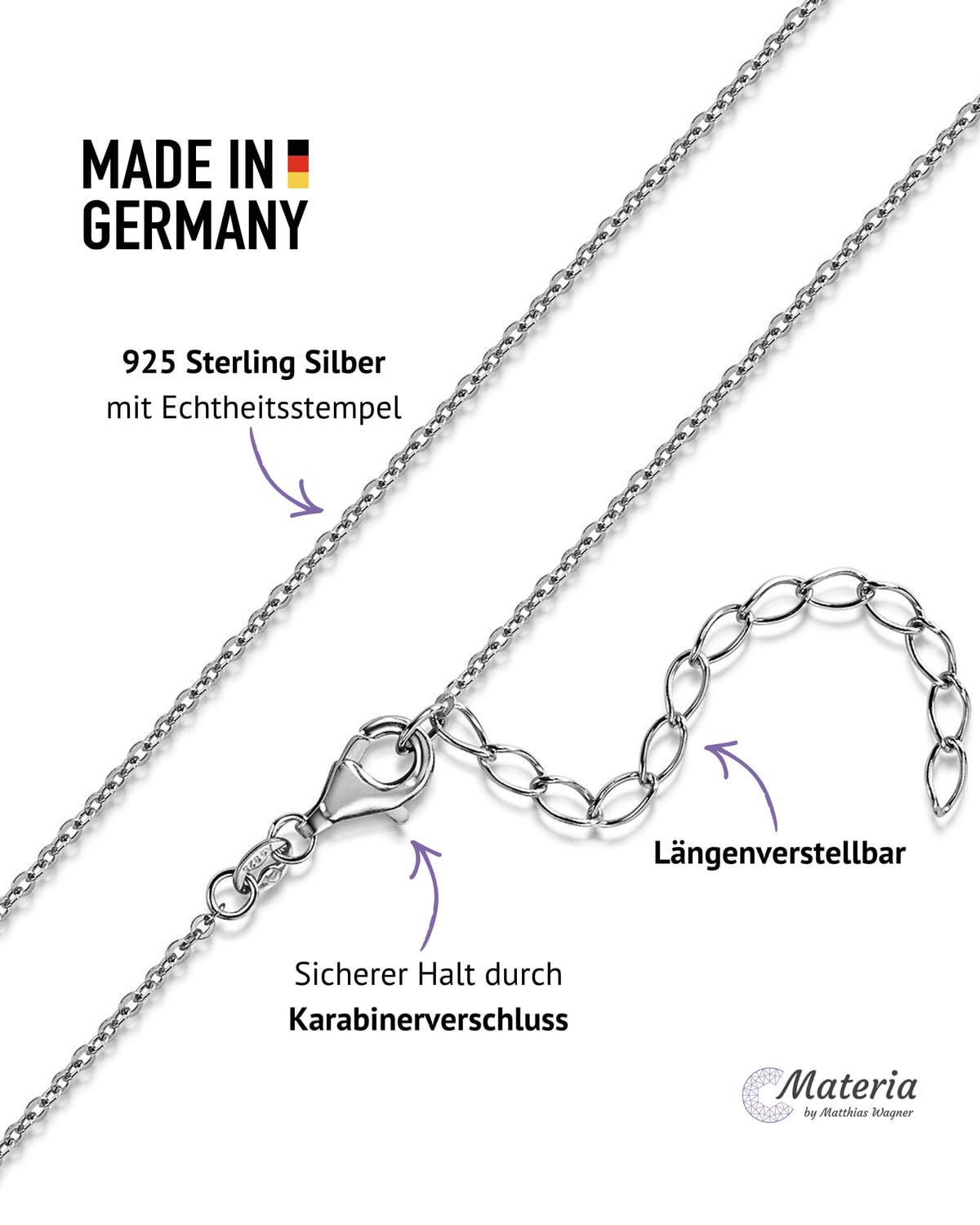 Kristall Anhänger 925 Silber rund Ø 10mm Solitär in vielen Farben KA-462 | Kettenanhänger Sterlingsilber mit Glaskristall wahlweise mit längenverstellbarer Kette von MATERIA by Matthias Wagner