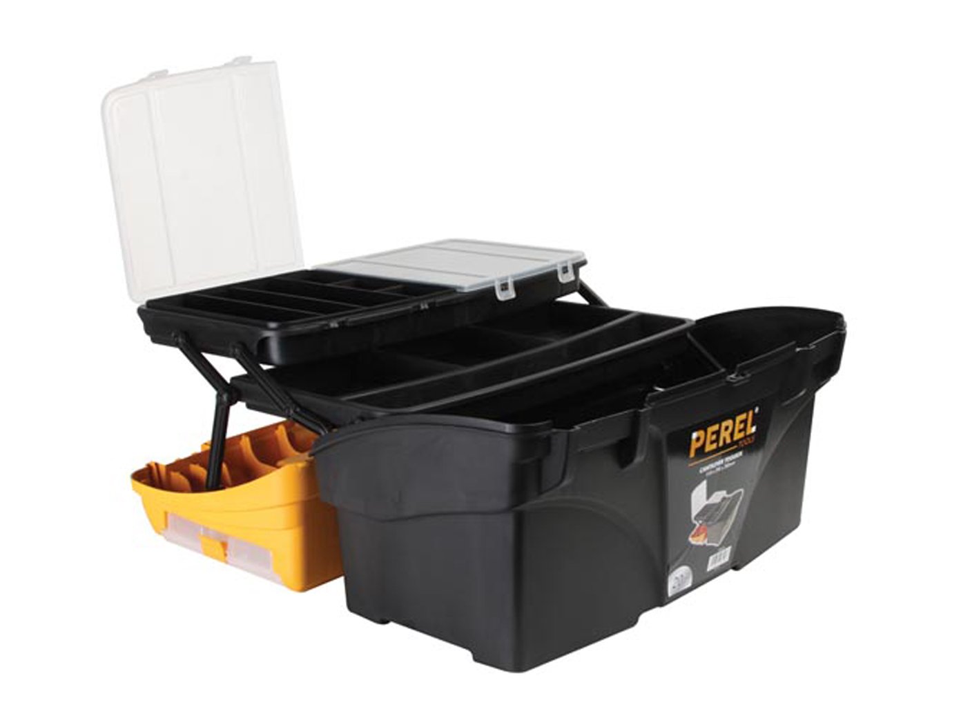 Perel Boîte à outils, polypropylène, avec système cantilever, 1 organiseur dans le couvercle et 2 plateaux porte-outils dans le couvercle, poignée rabattable et prises latérales, fermetures en