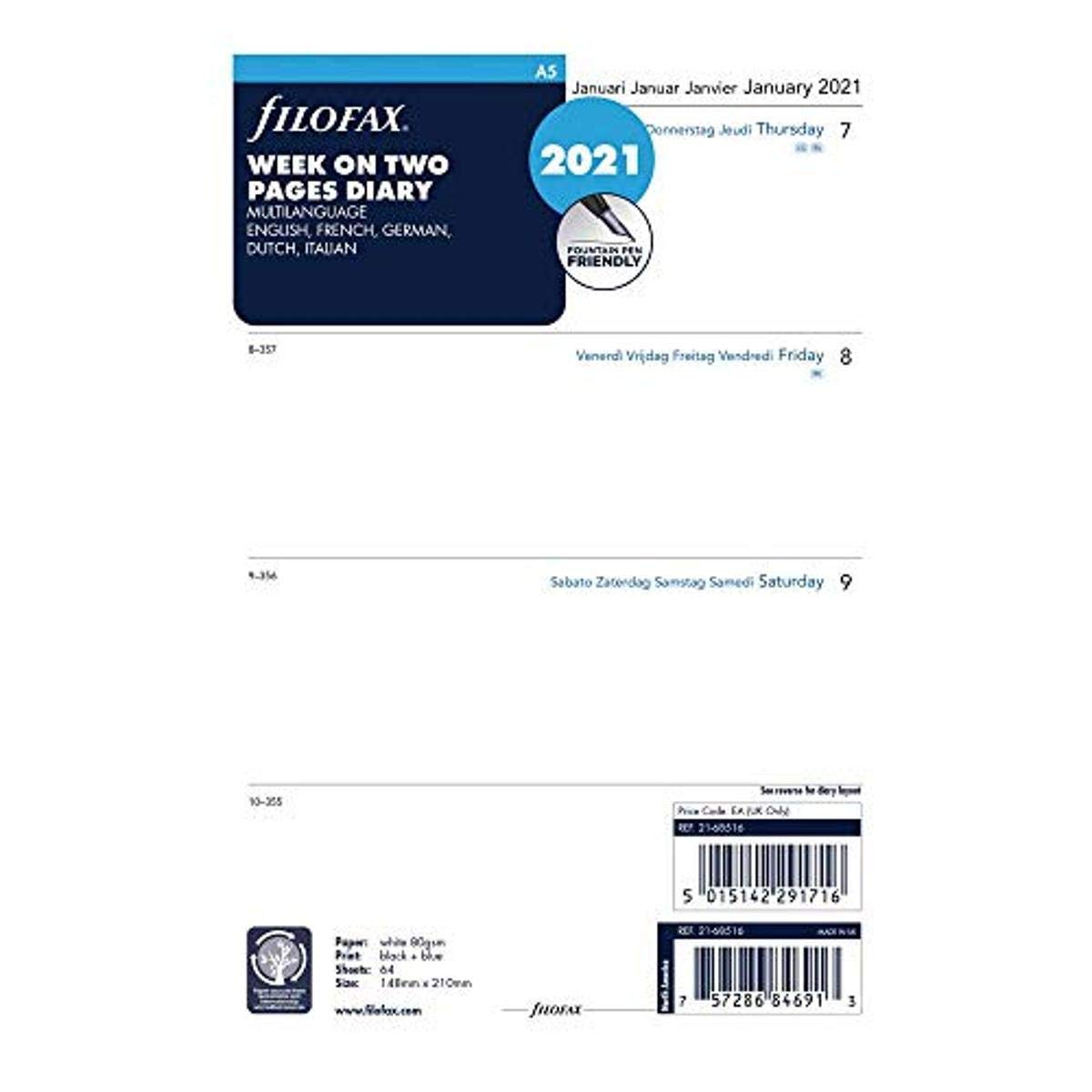 Filofax 2021, A5, Wochenansicht, 5 Sprachen (C68516-21), 14,6 x 21,0 cm