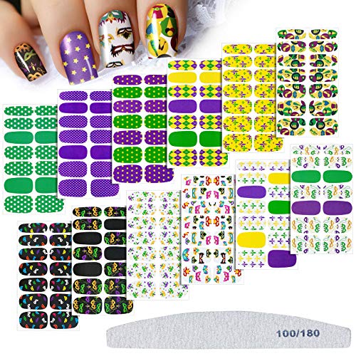 168 Pieces 12 Sheets Mardi Gras Nail Art Stickers Self-Adhesive Nail Art Decals Strips Carnival Full Nail Wrap Full Nail Polish Stickers with Nail File for Women Girl Carnival Nail Decoration