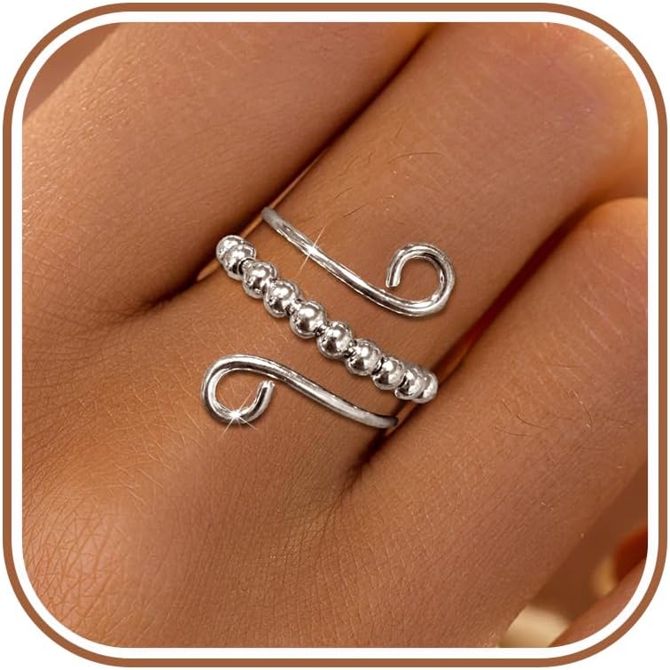 LOVECOM 14K Gold Plated Filled Fidget Rings With Opal S925 Sterling Silver Adjustable Open Anxiety Ring for Women Cute Stress Relieving Spinner Ring With Beads Mothers Day Jewelry Gifts for Mom