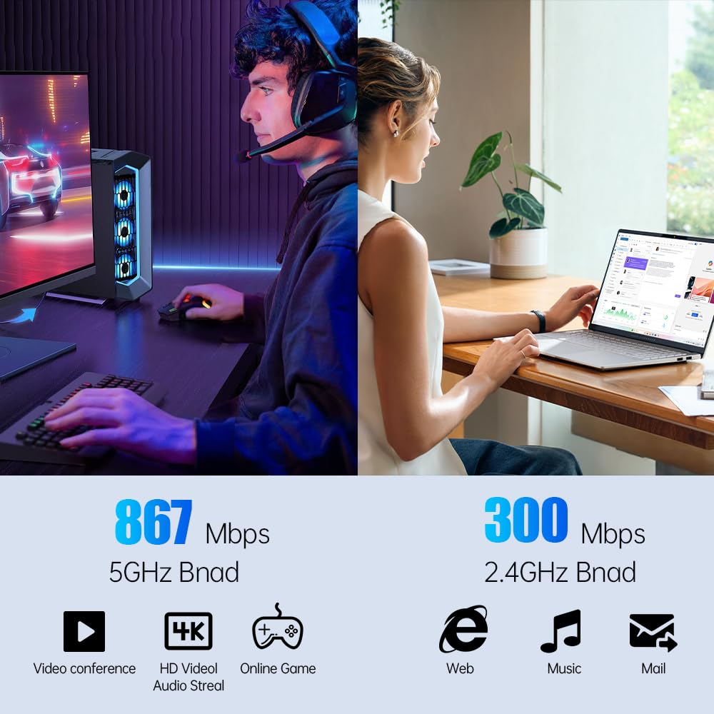 Tarjeta de red PCIe AC1200 de doble banda para escritorio con Bluetooth 5.1, compatible con Windows 10/11, transmisión de oficina para juegos, 2 antenas de alta ganancia