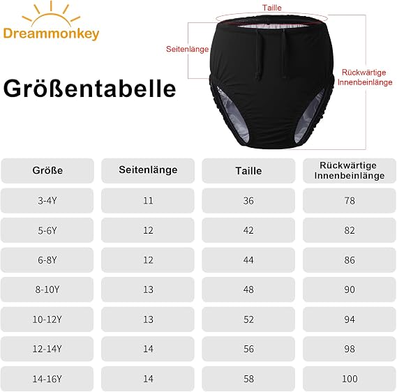 Dreammonkey Reusable Swim Nappy for Kids & Youth Leakproof Special Needs Swimwear Waterproof Incontinence Protection for Pool & Beach, Boys & Girls(Black,10-12T)