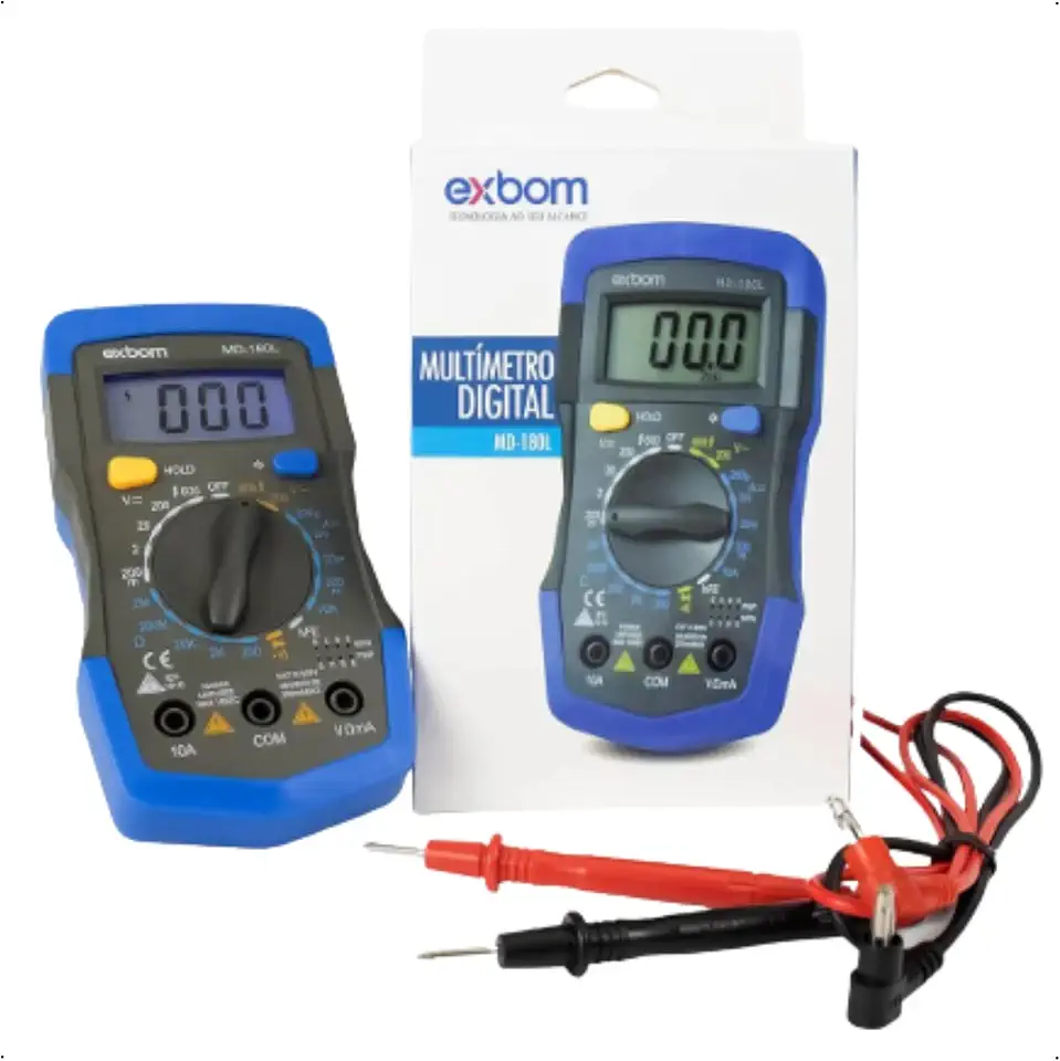 Multímetro Digital Profissional Portátil Automático com Iluminação - Corrente Ac - Dc Tensão 200M~600V - Acompanha Bateria 9V e 2 Pontas de Prova Teste Bipe (AZUL)