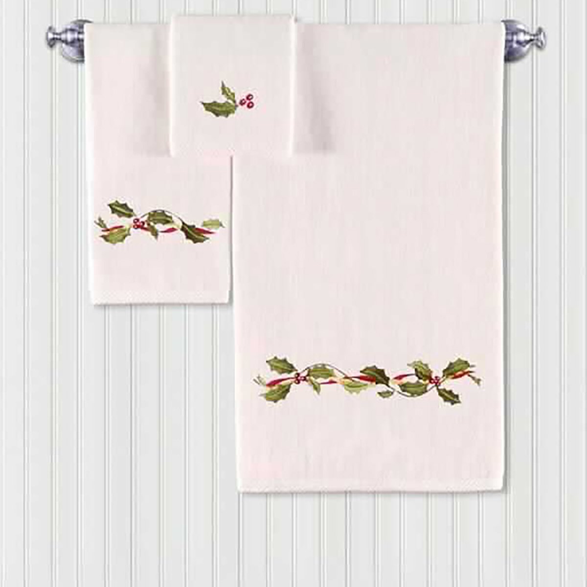 C&F Home Holly Ribbon Christmas 3-Piece Kitchen & Bathroom Dishtowel Set S/3 27